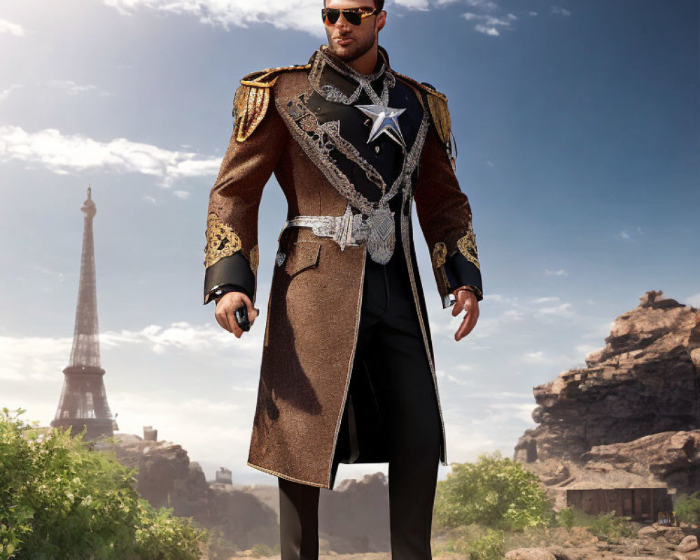 Stylized figure in military-style coat with sunglasses against Eiffel Tower backdrop