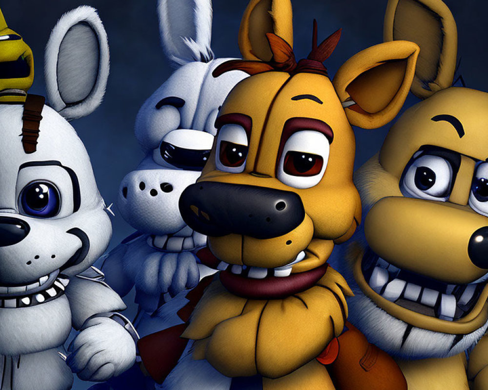 Animatronic bunny, chicken, and bear characters with cartoonish smiles