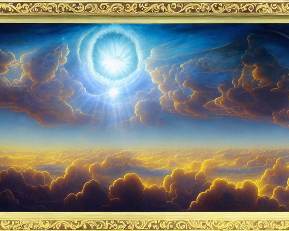 Ornate framed painting of dramatic sky with bright light beaming through dense clouds