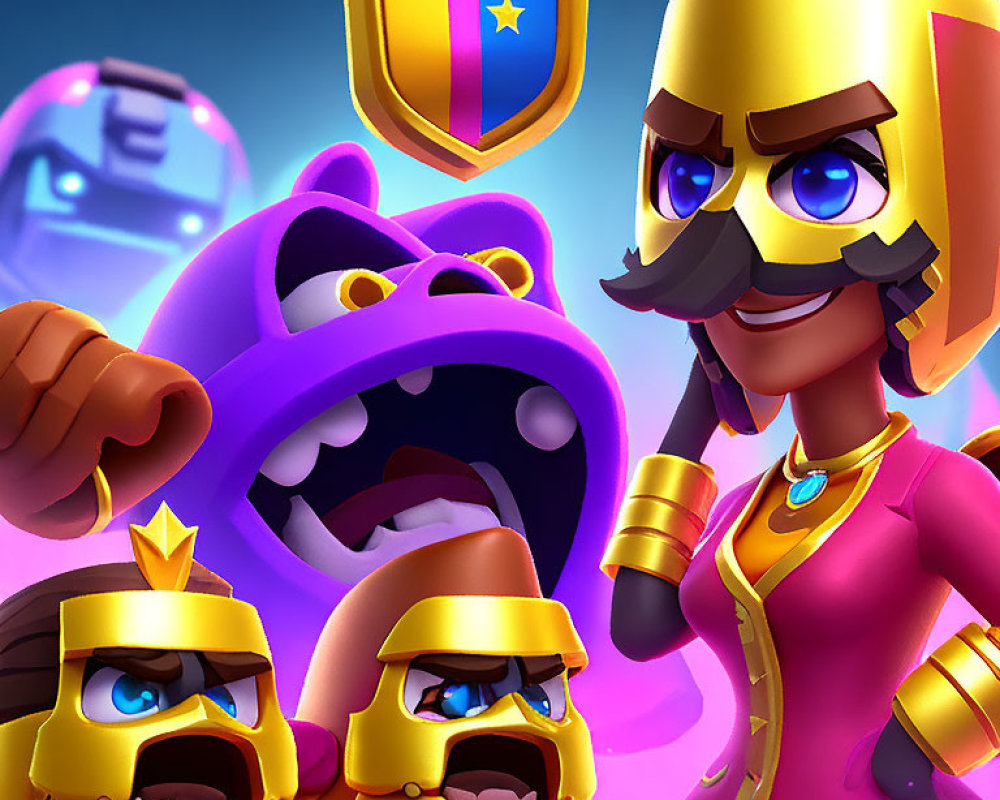 Brown-bearded angry characters, smiling woman with mustache, purple creature with open mouth