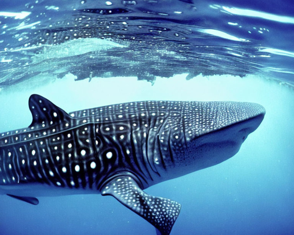 Giant whale shark with dotted body underwater.