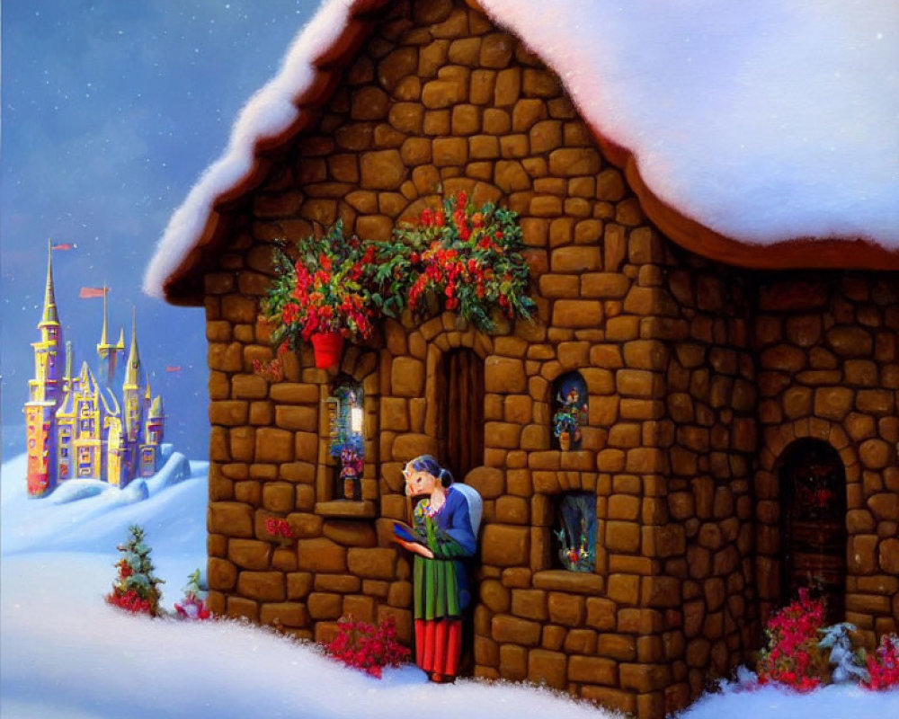 Illustrated winter scene with couple embracing near snow-covered cottage and festive castle.