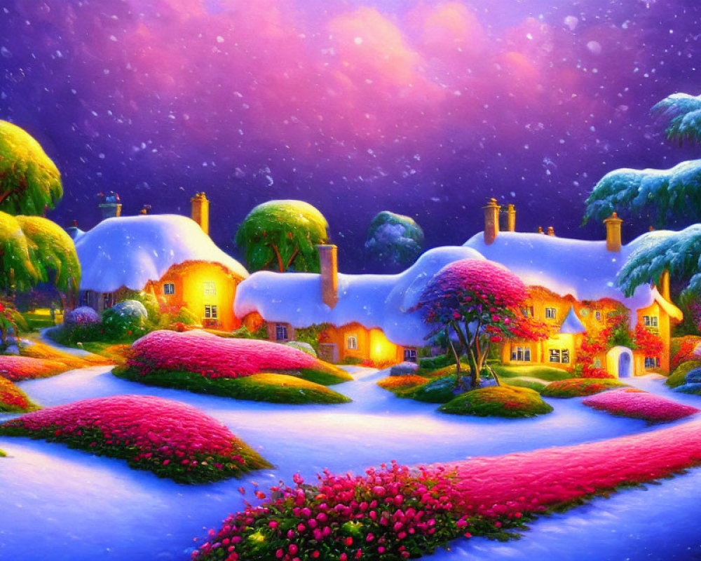 Colorful Digital Artwork: Magical Winter Village with Snow-Covered Cottages