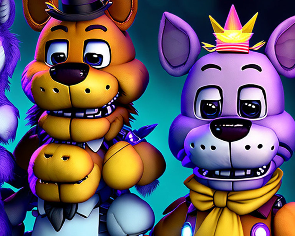 Colorful Orange and Purple Animatronic Characters with Cartoonish Features and Hats