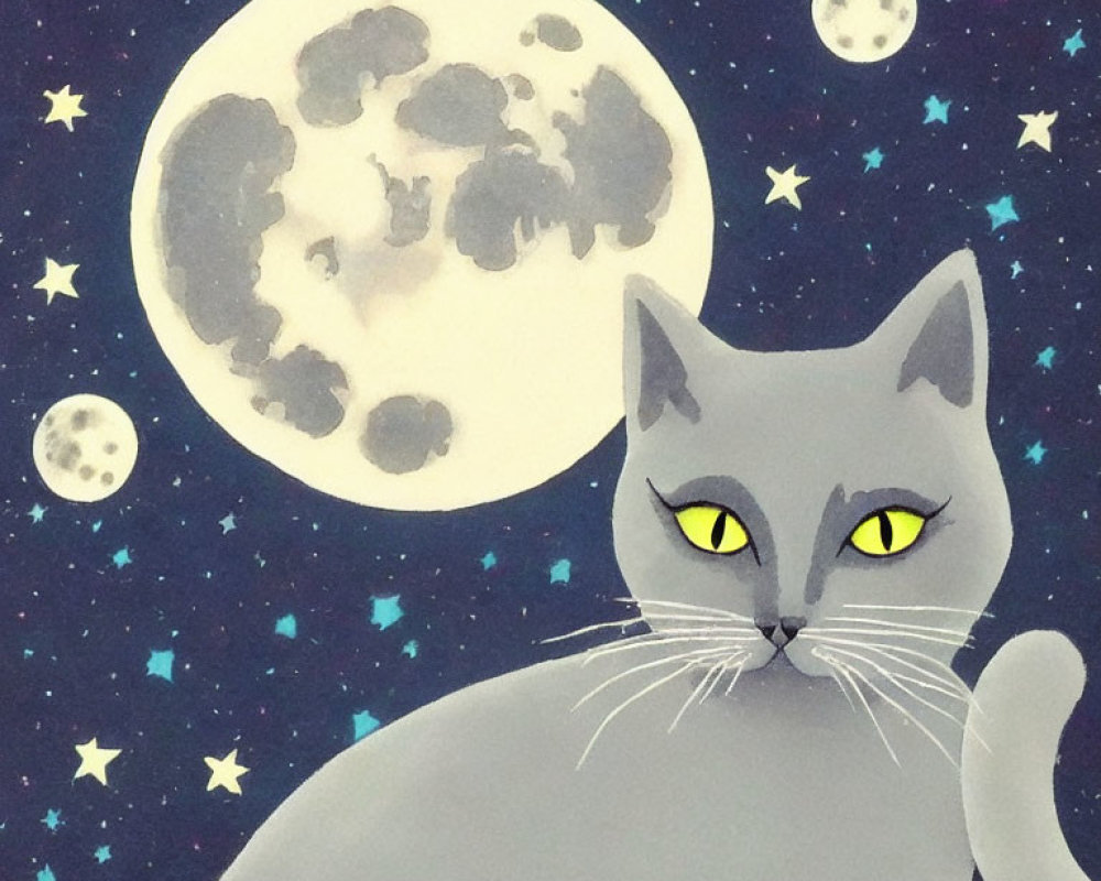 Gray Cat with Yellow Eyes in Front of Night Sky with Full Moon and Stars