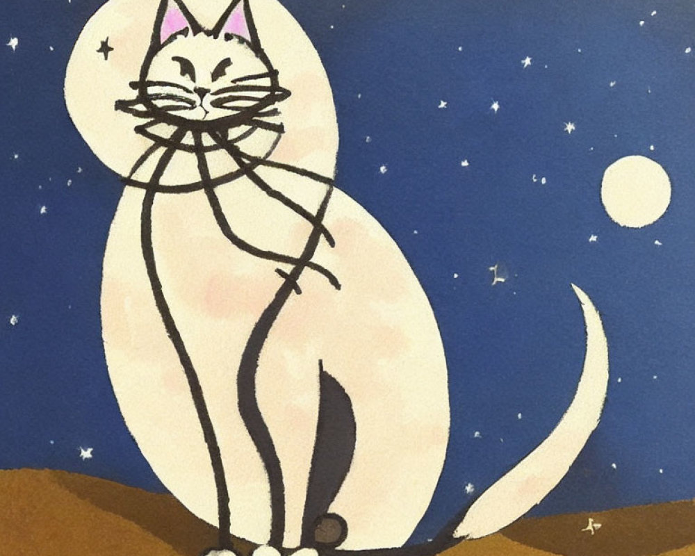 Whimsical oversized cat under starry night sky