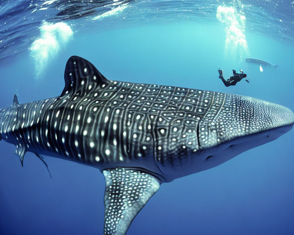 Large whale shark swimming near scuba divers in clear blue water