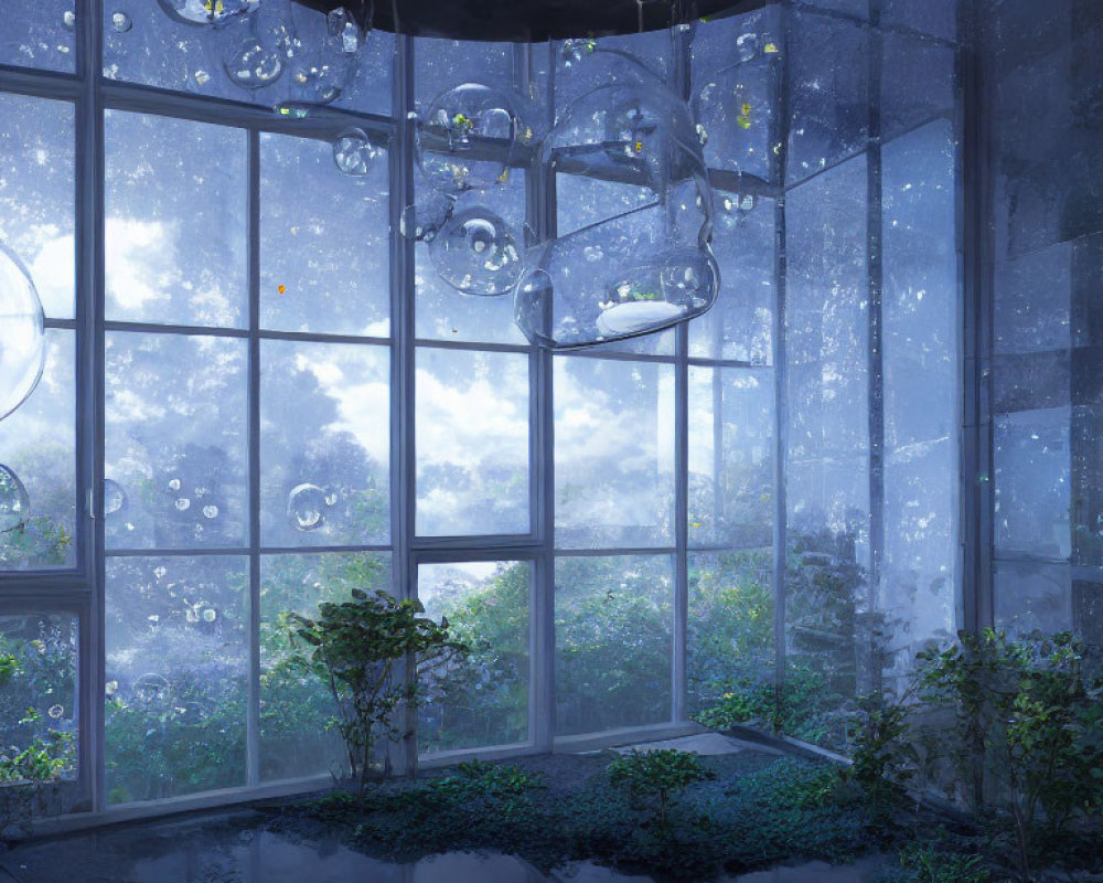 Futuristic room with large windows, floating orbs, lush greenery, and blue light