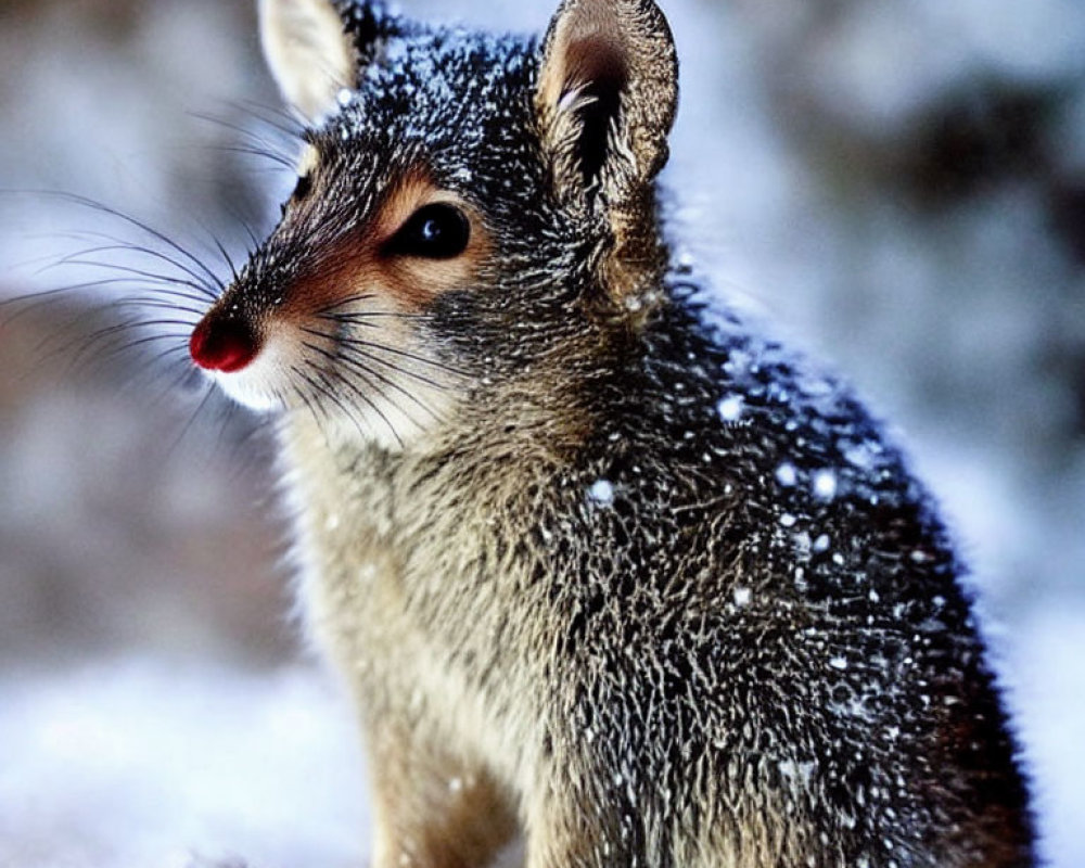 Small Mammal with Pointed Snout and Perky Ears Covered in Snowflakes