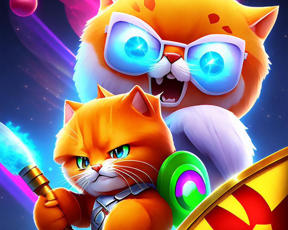 Animated cats in battle with magic staff and shield - intense expressions