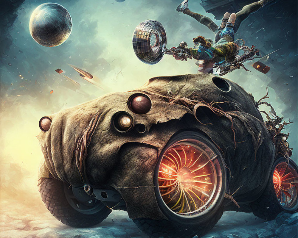 Floating person above overturned car in surreal scene with rocks and planets against stormy sky