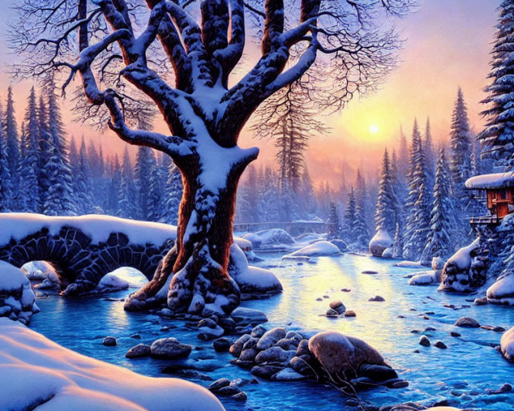 Snow-covered tree by stream at sunset with cozy cabin