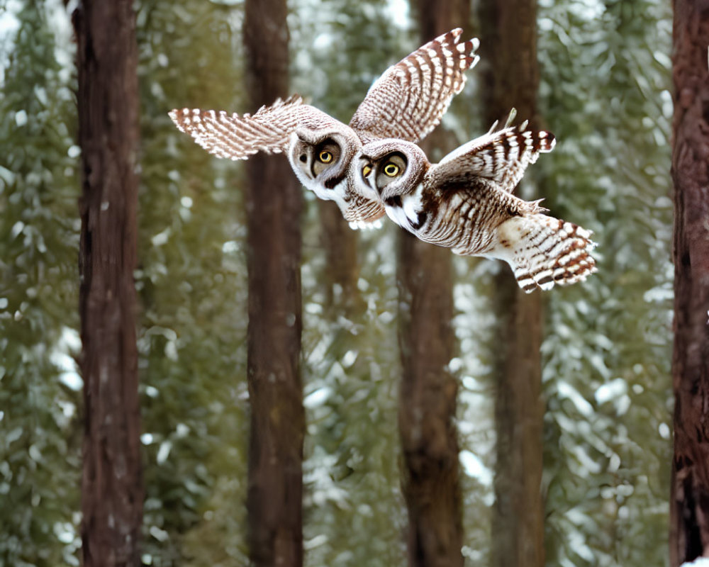 Owl flying in snowy forest with spread wings and yellow eyes