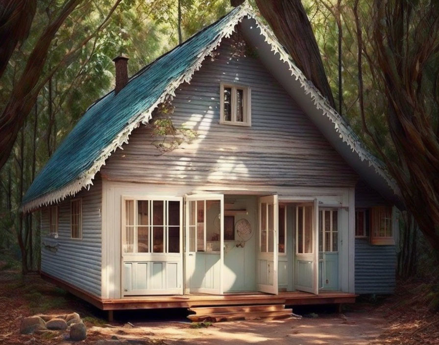 Blue Cabin with White Trim in Woods Surrounded by Tall Trees