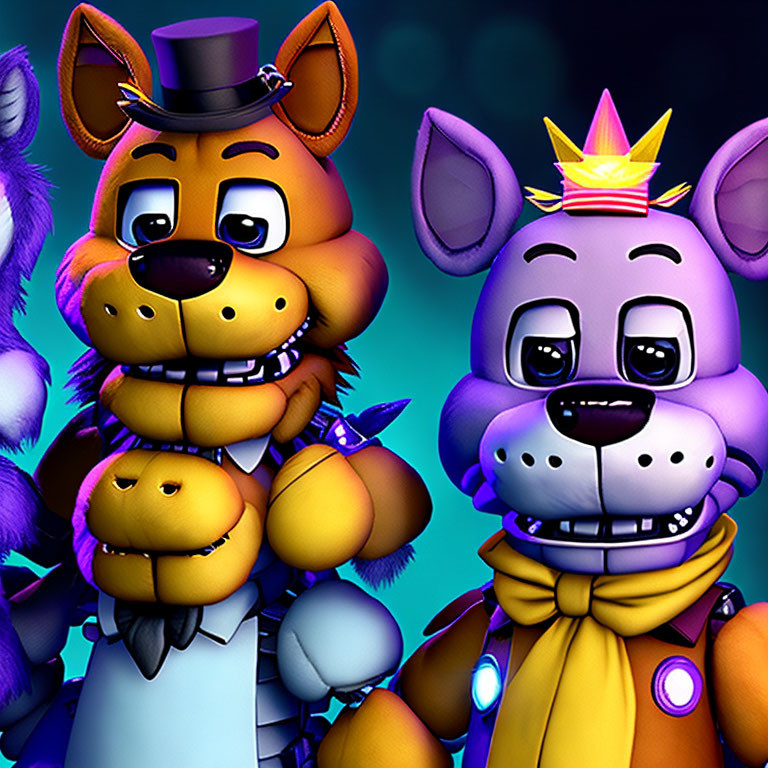 Colorful Orange and Purple Animatronic Characters with Cartoonish Features and Hats