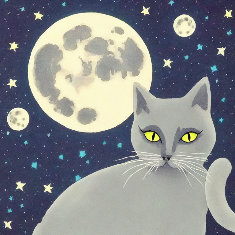 Gray Cat with Yellow Eyes in Front of Night Sky with Full Moon and Stars