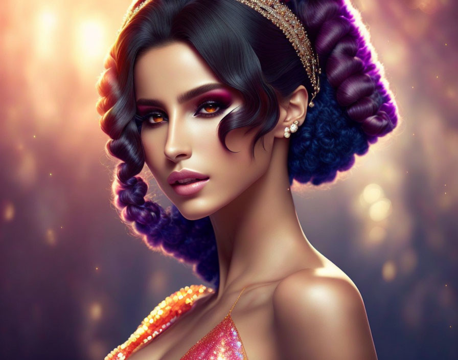 Digital art portrait of a woman with striking makeup and ornate hairstyle in glittery outfit against soft glowing