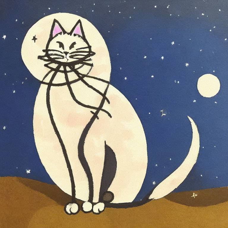 Whimsical oversized cat under starry night sky
