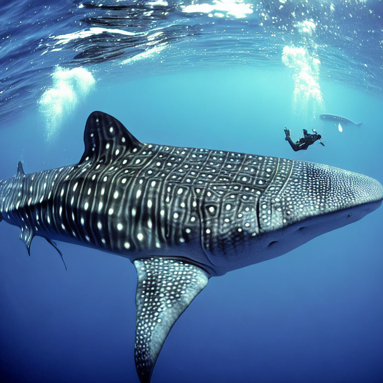 Large whale shark swimming near scuba divers in clear blue water