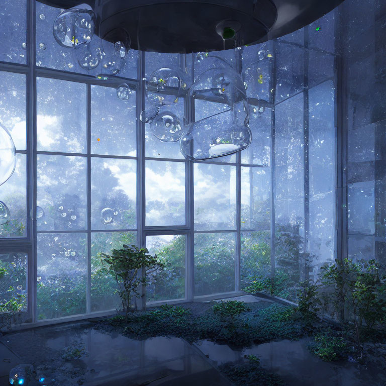 Futuristic room with large windows, floating orbs, lush greenery, and blue light
