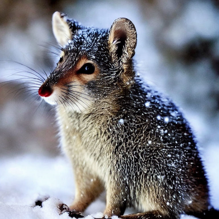 Small Mammal with Pointed Snout and Perky Ears Covered in Snowflakes