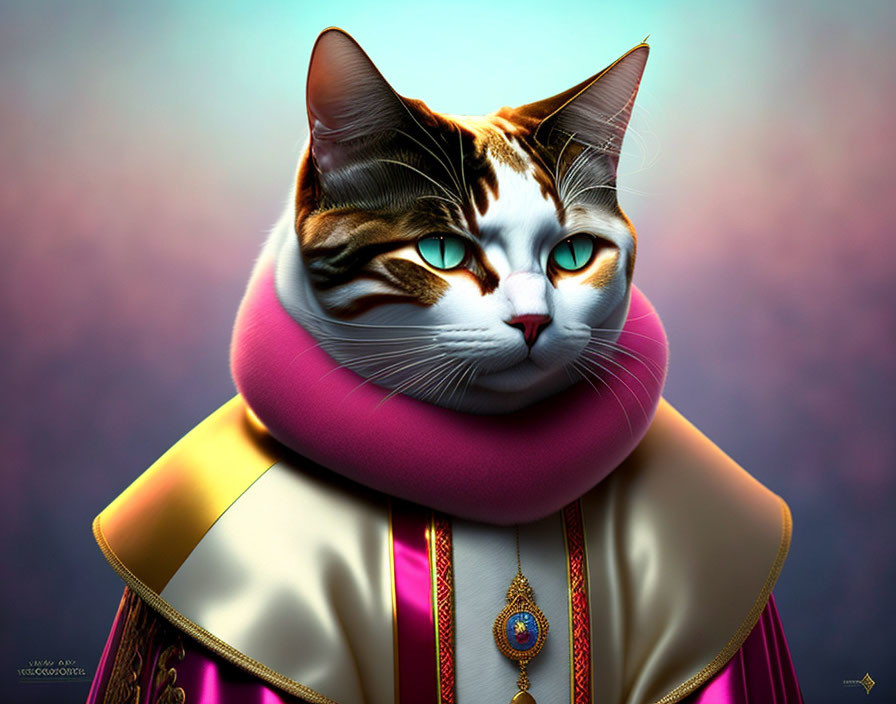 Digital Artwork: Cat with Human-like Body in Golden Robe