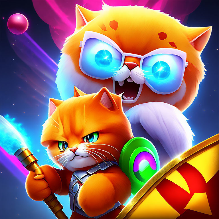 Animated cats in battle with magic staff and shield - intense expressions