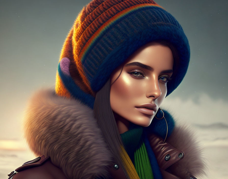 Colorful Beanie & Fur Jacket Portrait in Snowy Setting