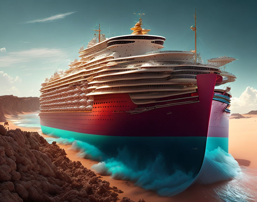 Large red-hulled cruise ship sailing in turquoise waters near rocky shores at sunset