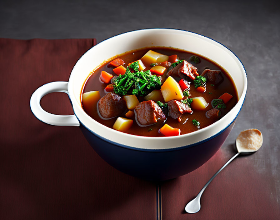 Savory meat and vegetable stew with parsley garnish on dark surface