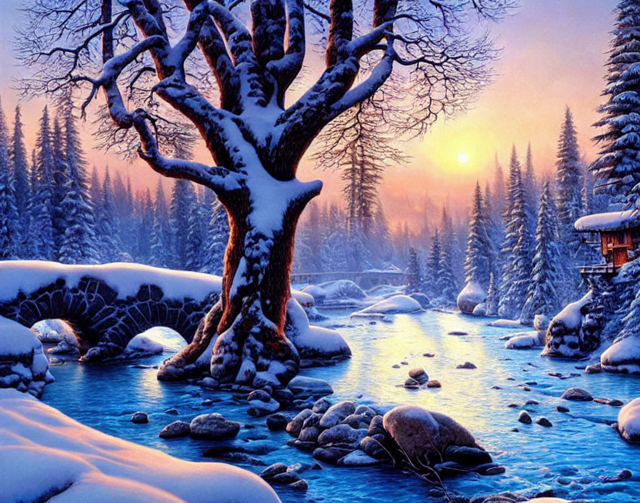 Snow-covered tree by stream at sunset with cozy cabin