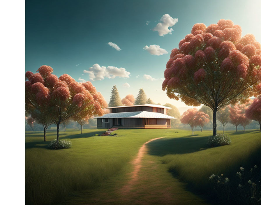 Tranquil landscape with modern house, pink-flowered trees, and winding path