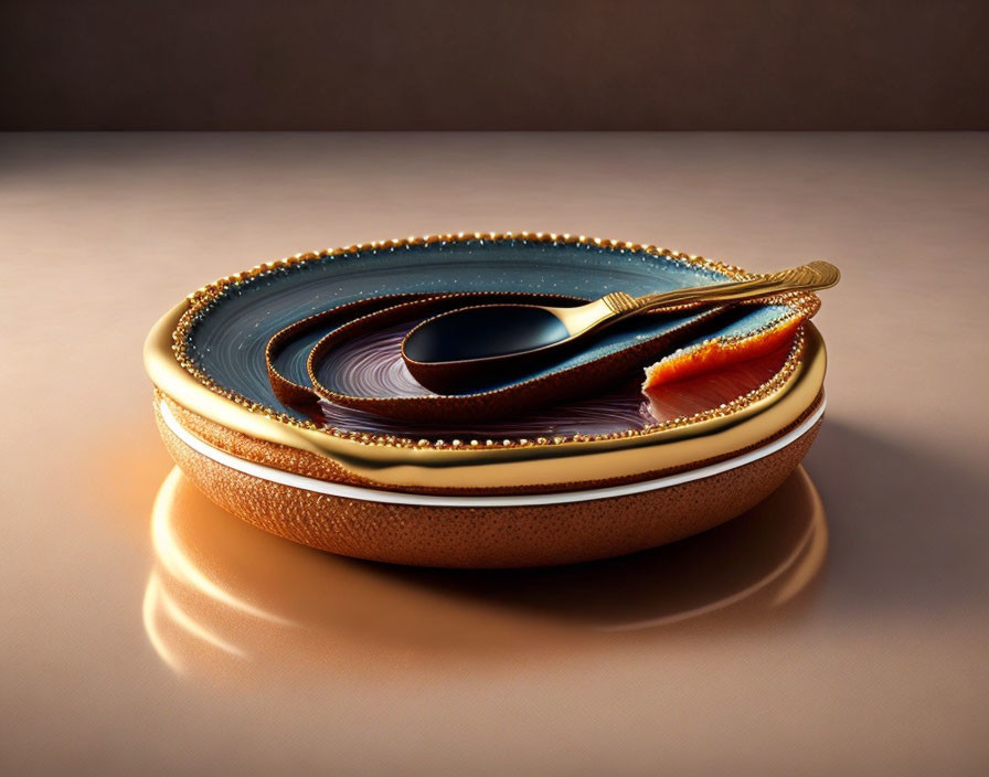 Surreal spoon on layered dessert with intricate textures