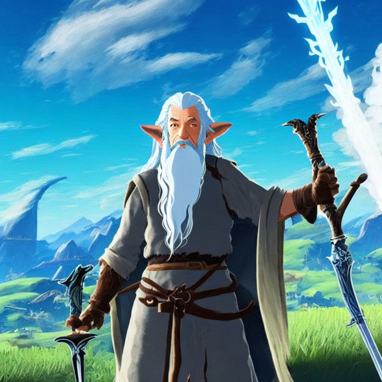 Wizard with glowing sword and staff in vibrant fantasy landscape