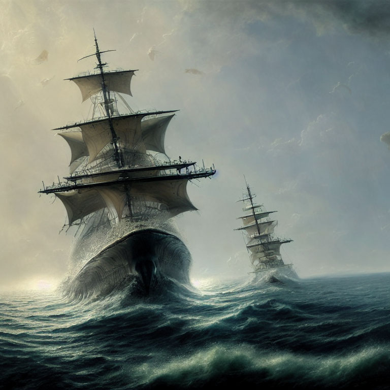 Old sailing ship on whale's back in stormy ocean with distant ship