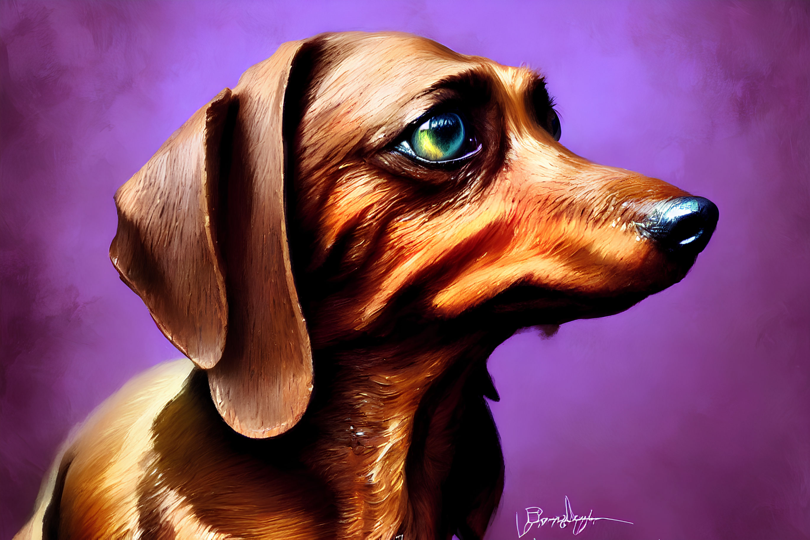 Brown Dachshund with Glossy Coat and Green Eyes on Purple Background