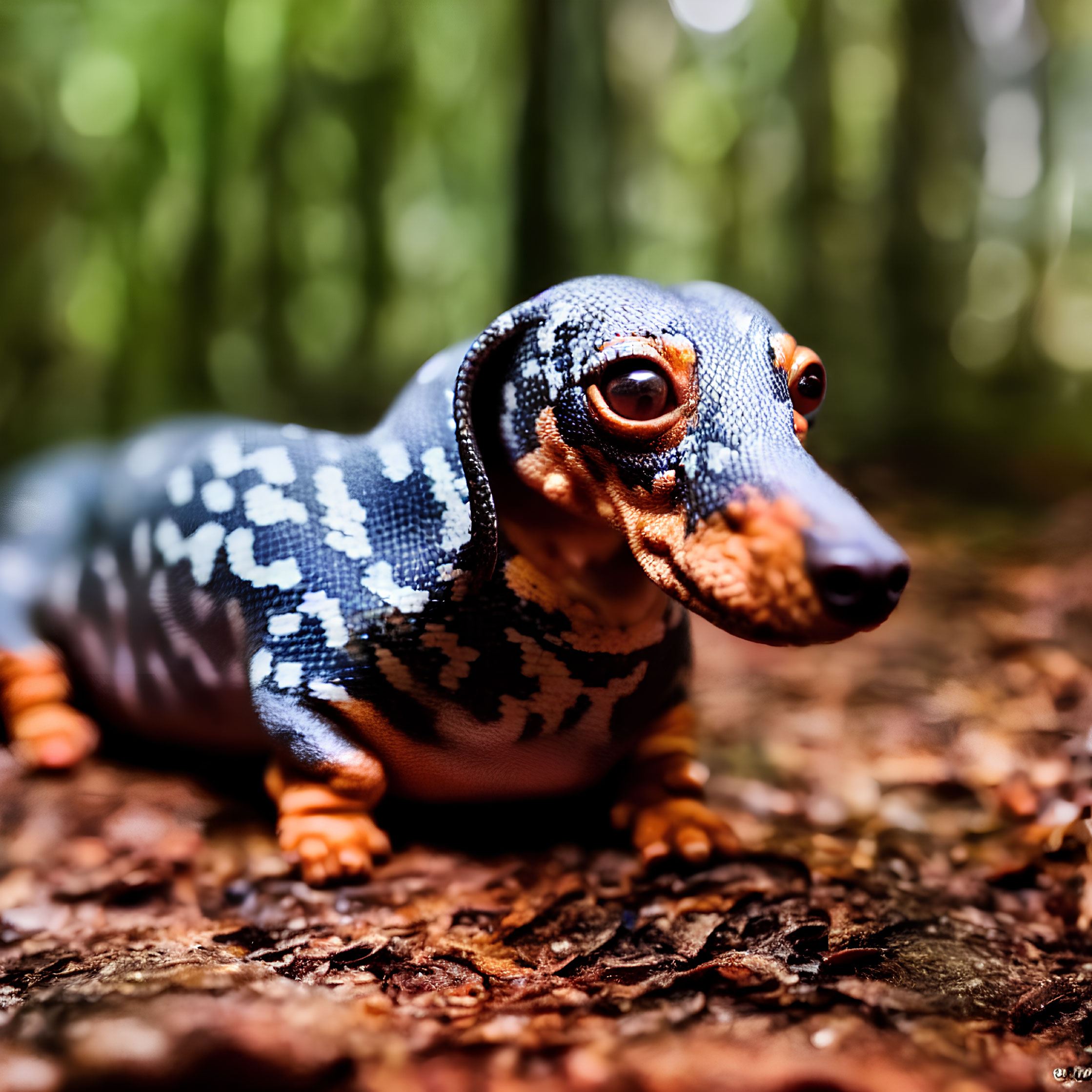 Blue and Black Patterned Toy Dachshund Against Blurred Natural Background