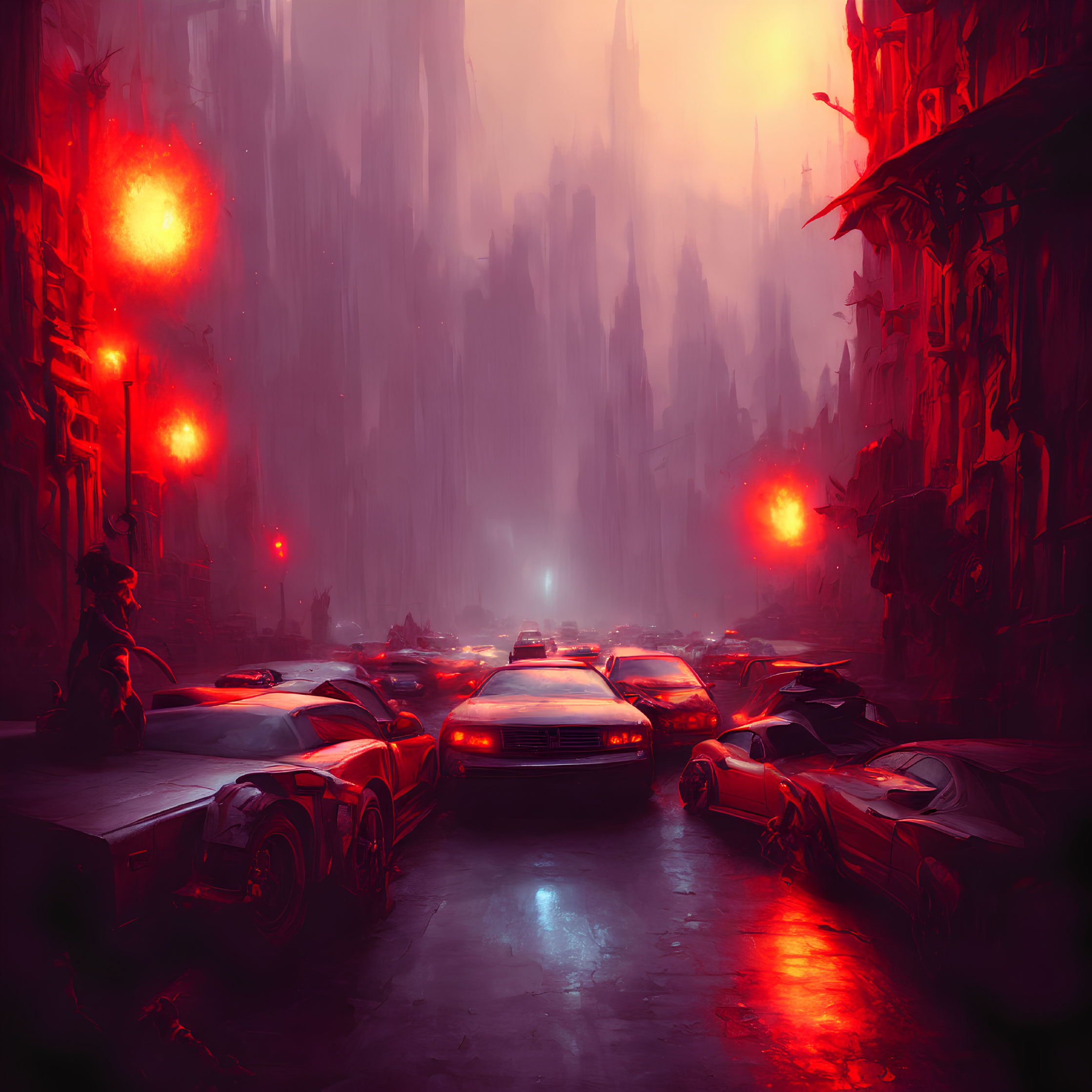 Dystopian cityscape at night: red lights, imposing buildings, futuristic cars