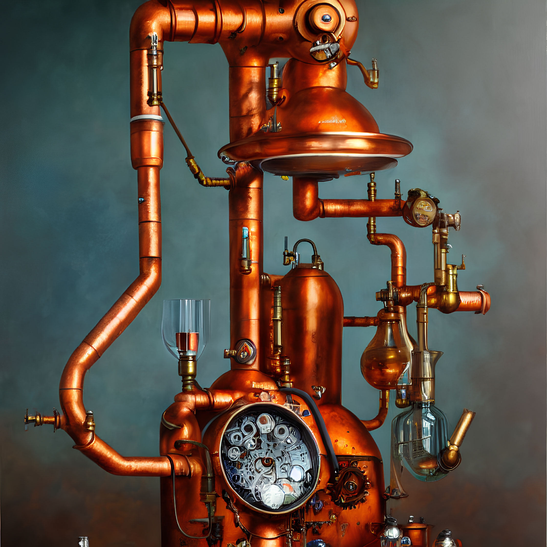 Copper steampunk apparatus with pipes, gauges, valves, clock face, and glass vessels