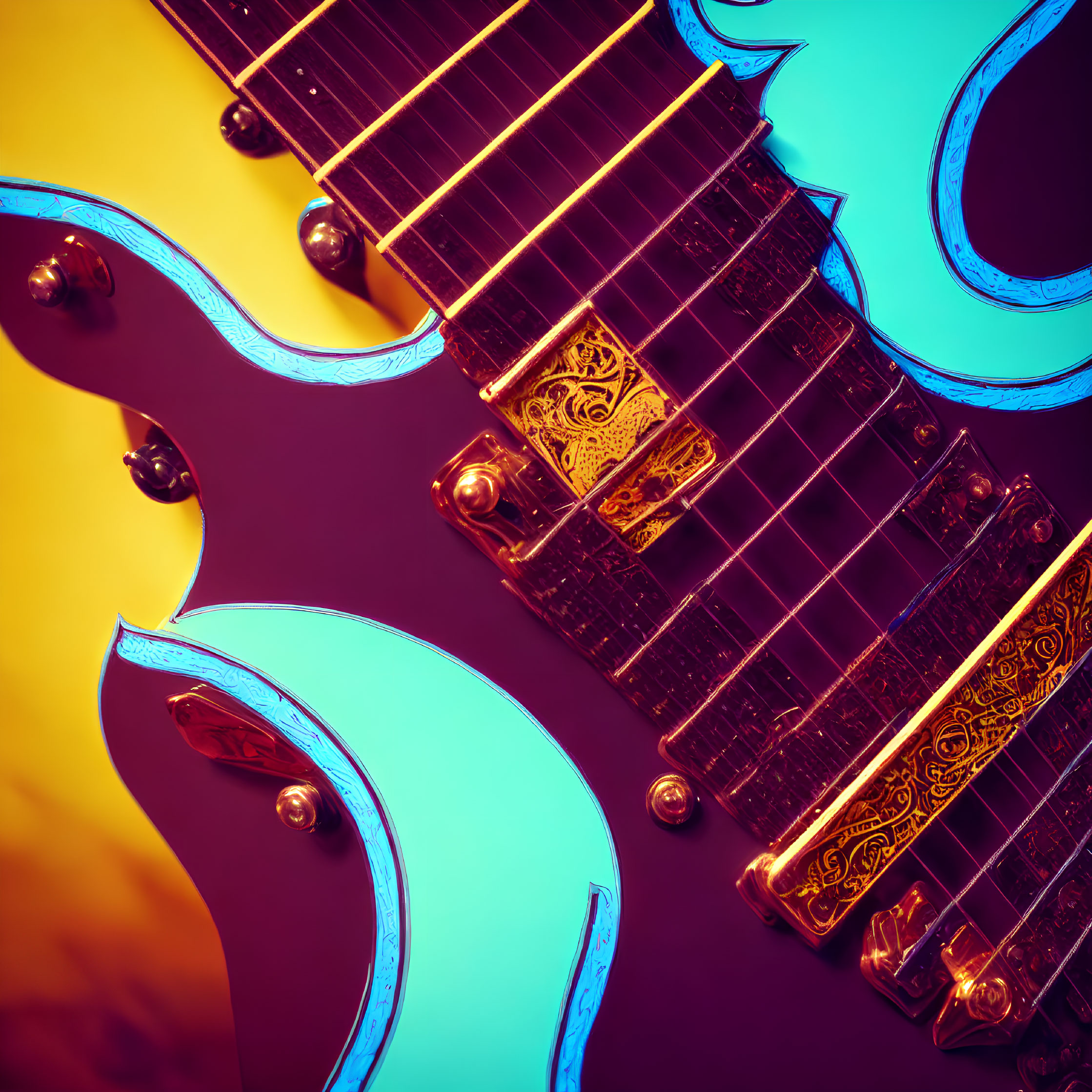 Purple Electric Guitar with Gold Details Against Teal Silhouette - Vibrant Colorful Background