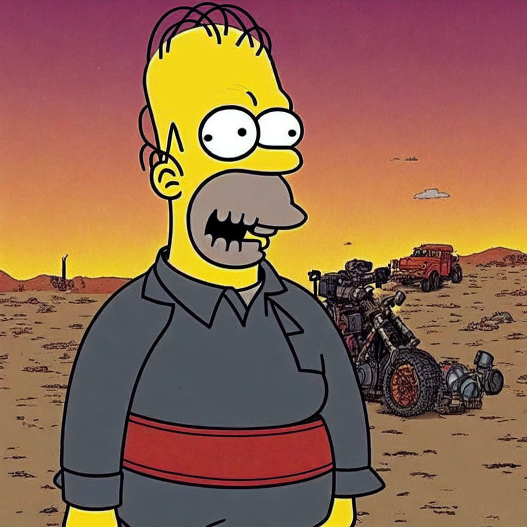 Cartoon illustration of Homer Simpson in desert landscape with dystopian vehicle.