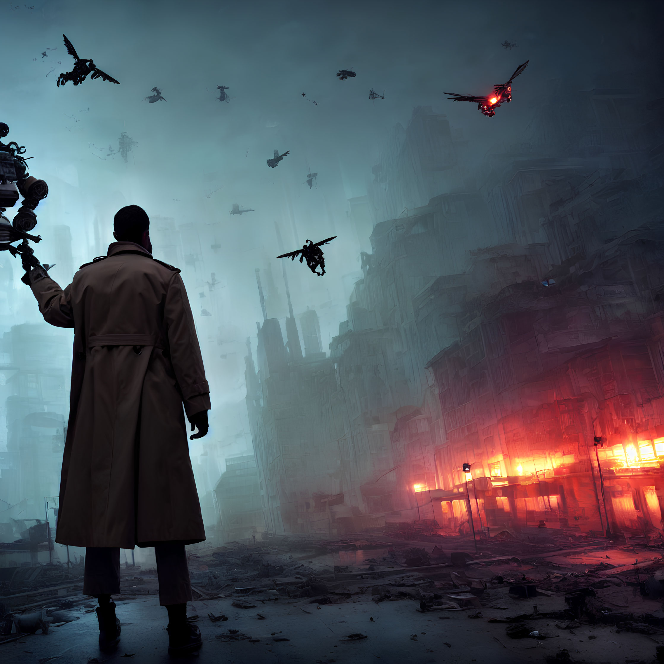 Person in trench coat gazes at flying drones in dystopian cityscape