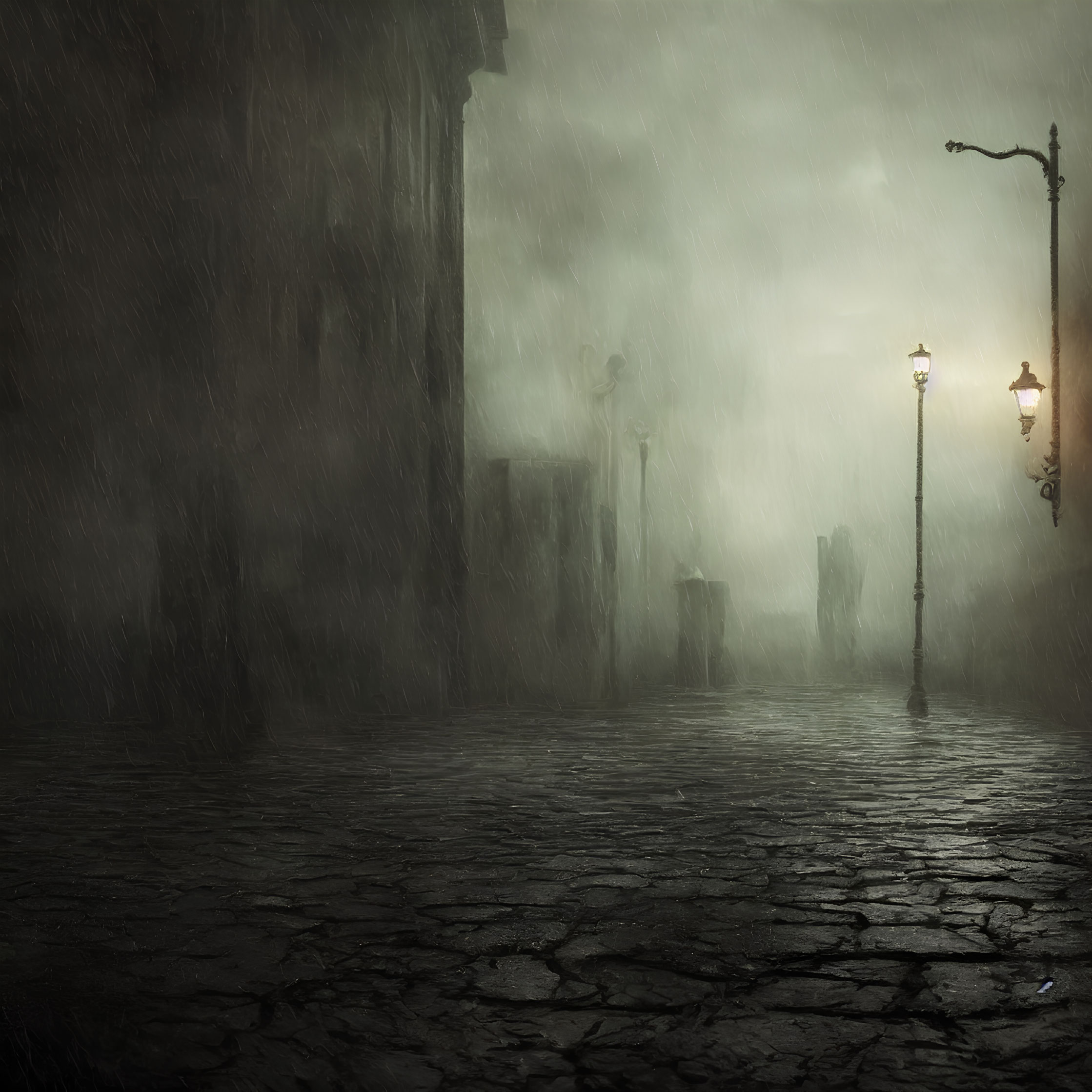 Foggy cobblestone street at night with antique street lamps