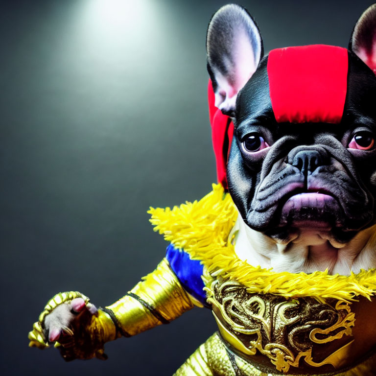 French Bulldog in colorful wrestler costume with red mask and gold trim on dark background