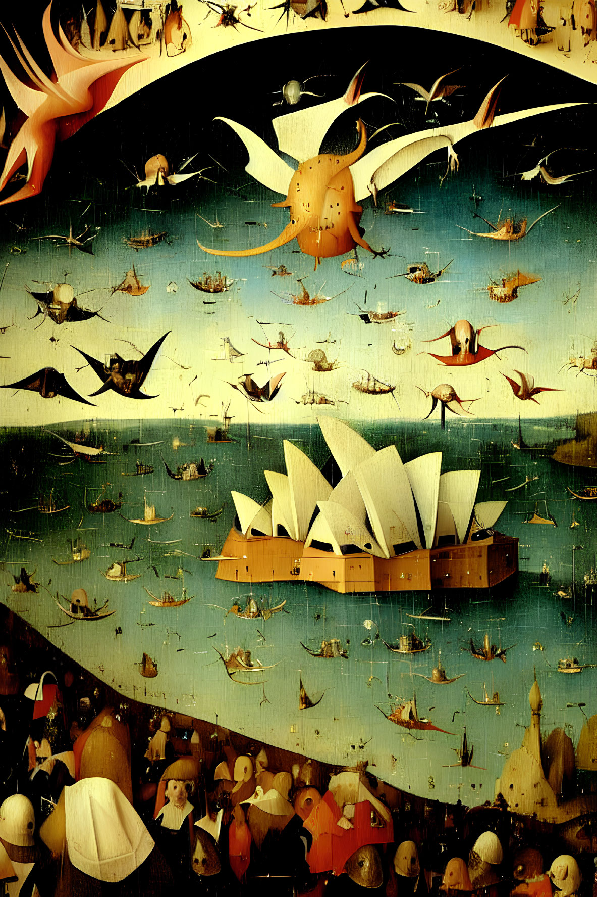 Surrealist painting: Sydney Opera House as ship with whimsical creatures on dark sea