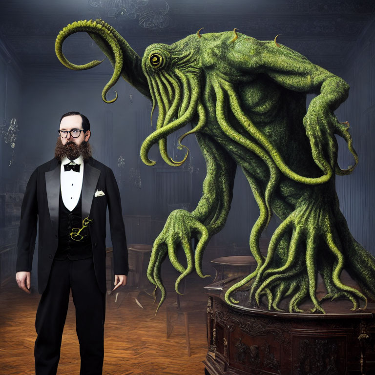 Bearded man in black tuxedo with green octopus creature in dark vintage room