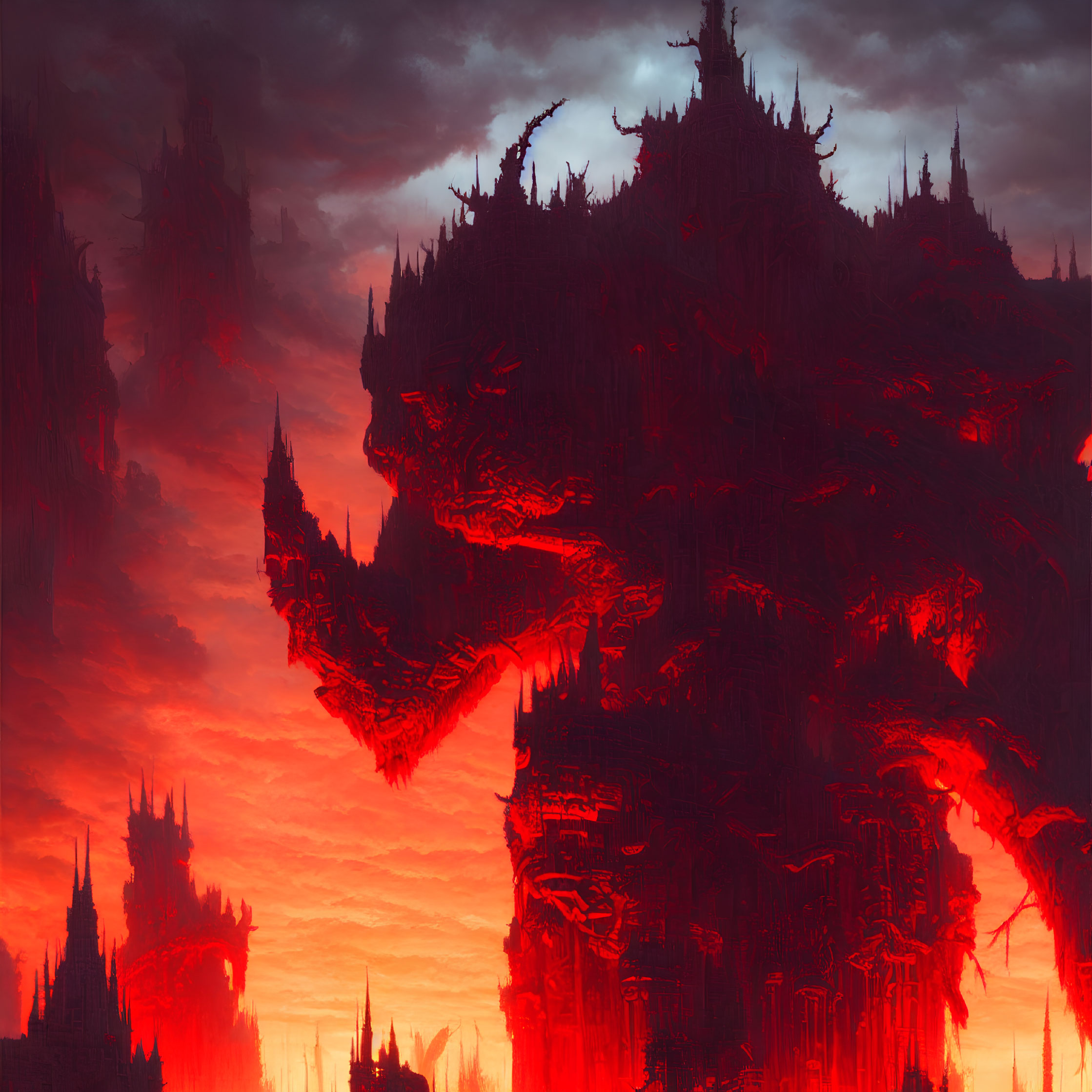 Dark fantasy landscape with crimson castles in fiery red sky