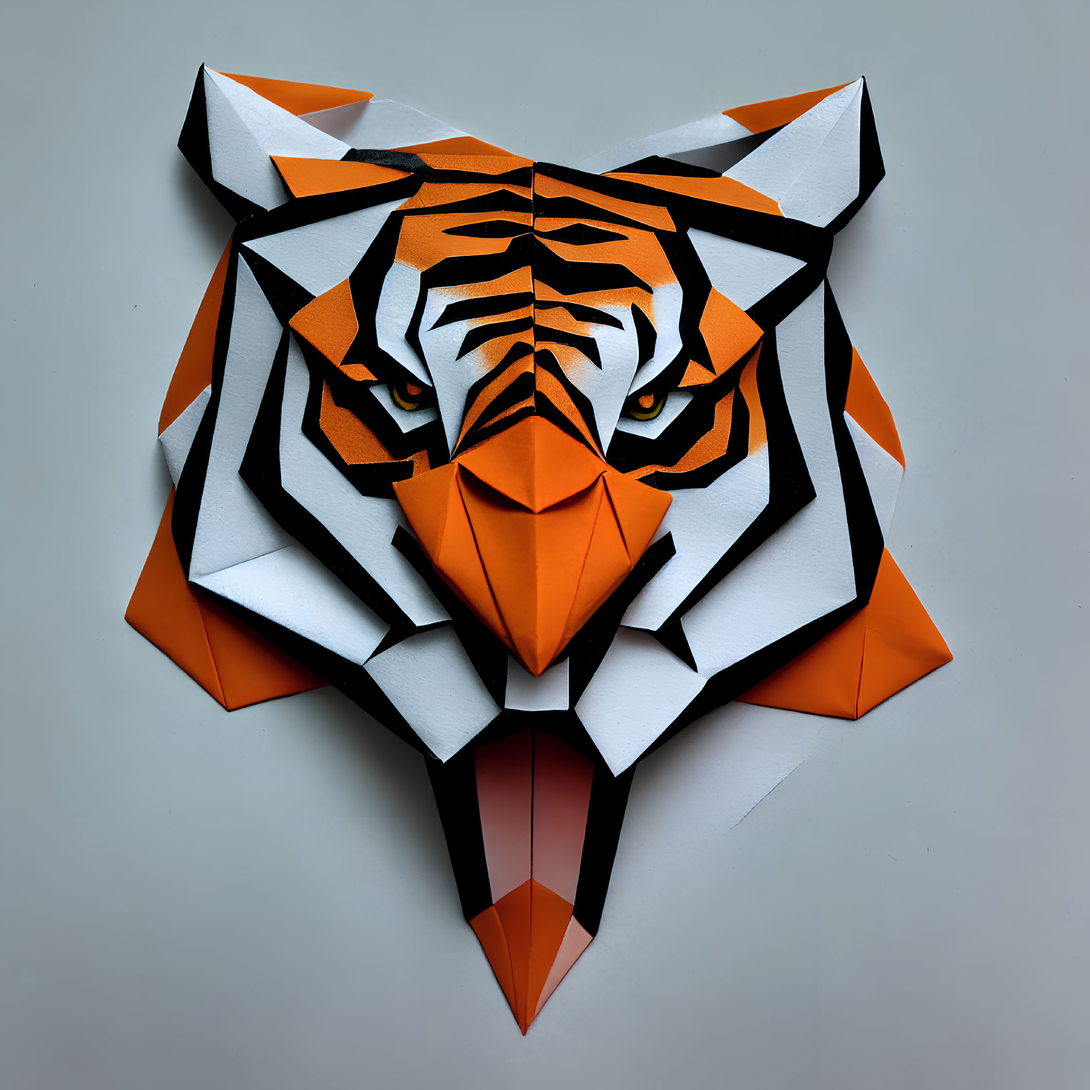 Geometric Paper Art Tiger Head Sculpture in Orange, Black, and White