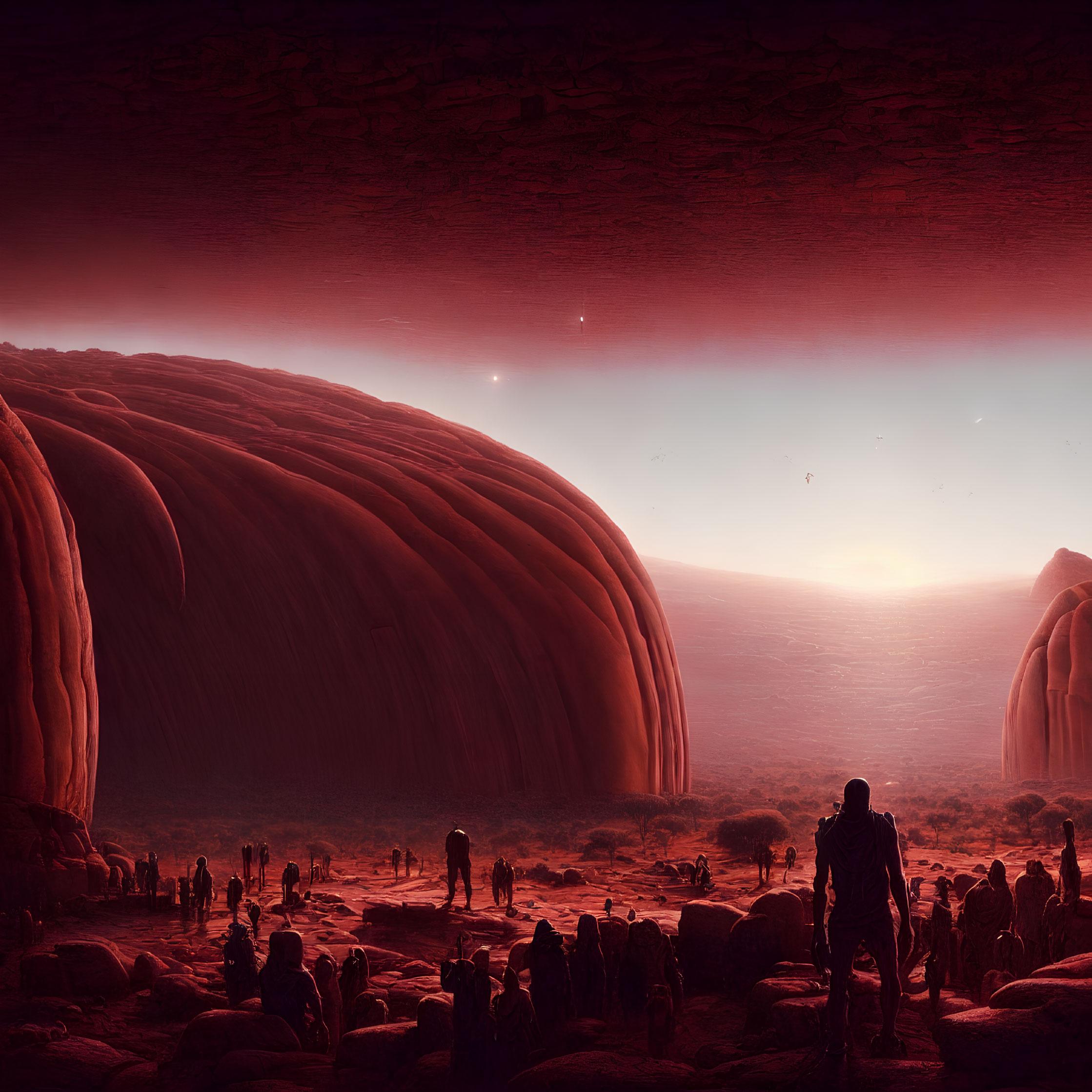 Futuristic desert landscape with human figures under reddish sky