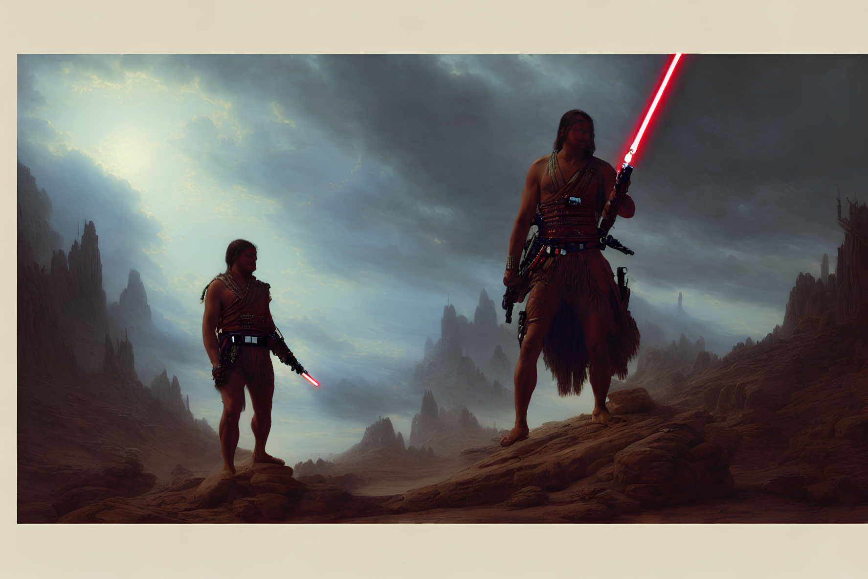 Two figures with red lightsaber in desert with rocky spires under cloudy sky.